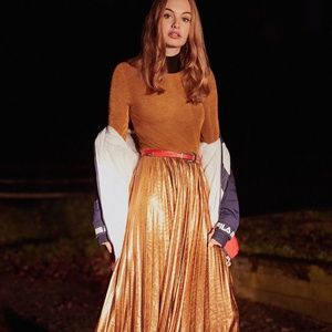 UO Gold Rush Pleated Metallic Midi Dress